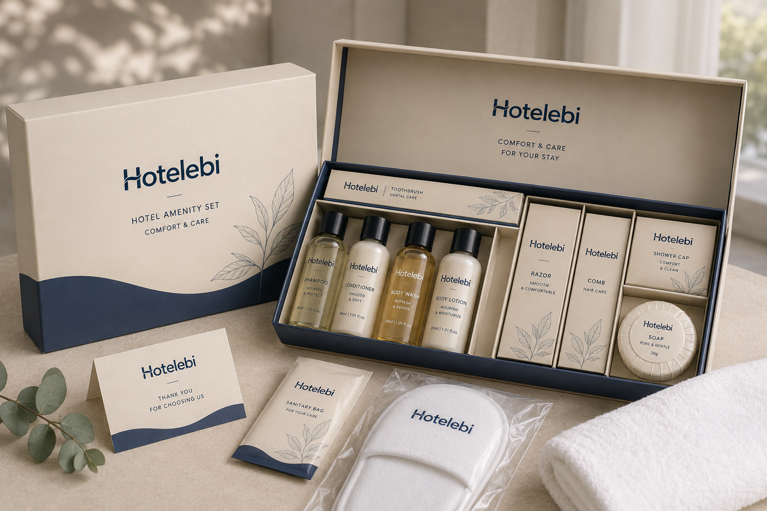 Complete hotel amenity set for guest rooms