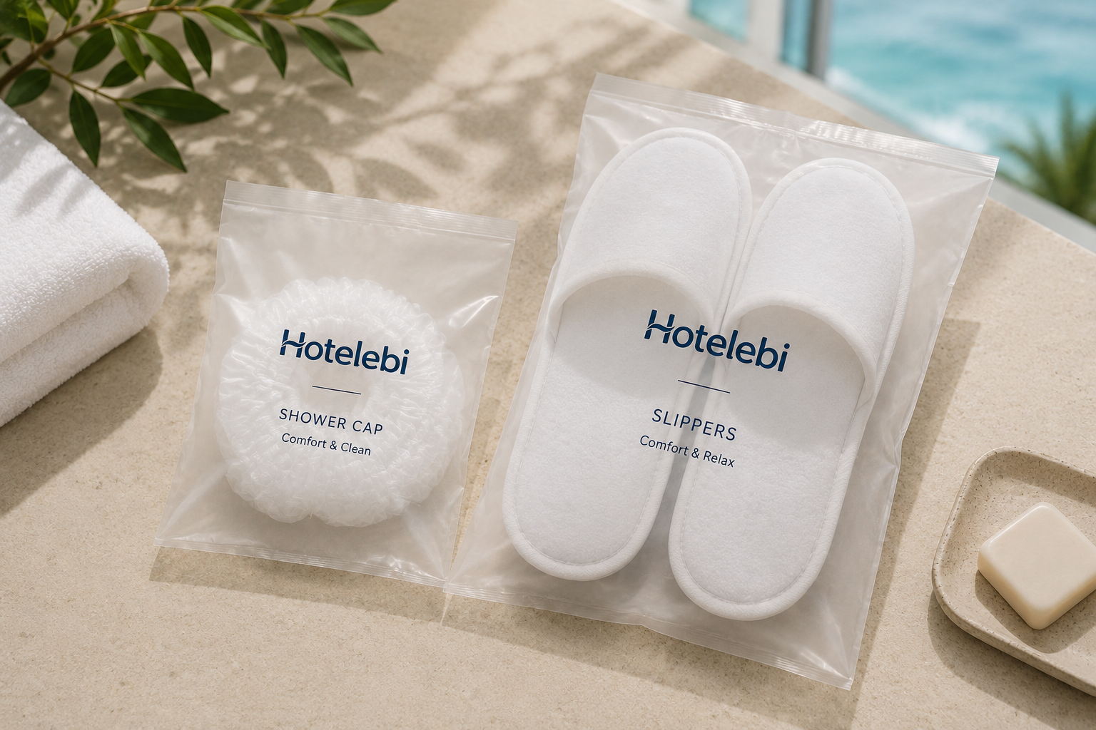 PE bag packaging for hotel shower caps and slippers